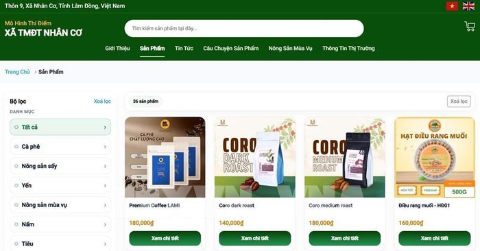 Giao diện website nhanco.vn của mô hình "Xã thương mại điện tử Nhân Cơ" (Lâm Đồng). Ảnh: TTXVN phát