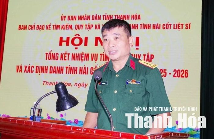 Đại diện Đội Quy tập hài cốt liệt sĩ phát biểu tại hội nghị.
