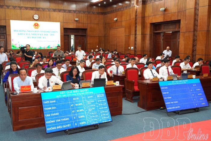 Các đại biểu HĐND tỉnh biểu quyết thông qua nghị quyết bằng máy tính.