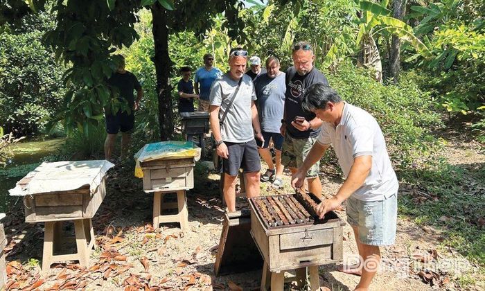 Du khách trải nghiệm tại Điểm du lịch cộng đồng Thới Sơn và tìm hiểu sản phẩm mật ong địa phương.