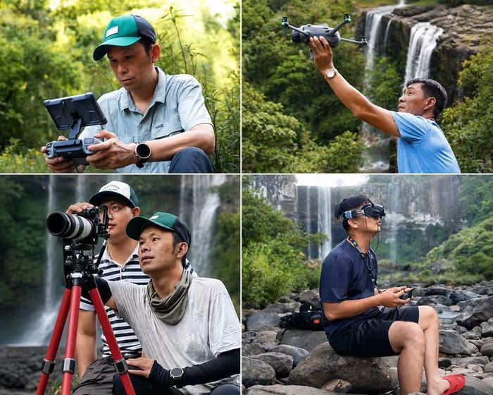  Các nhiếp ảnh gia sử dụng máy ảnh, flycam và thiết bị chuyên dụng để ghi lại vẻ đẹp mùa hoa ngô đồng tại thác K50. Ảnh: Dũng Nhân 