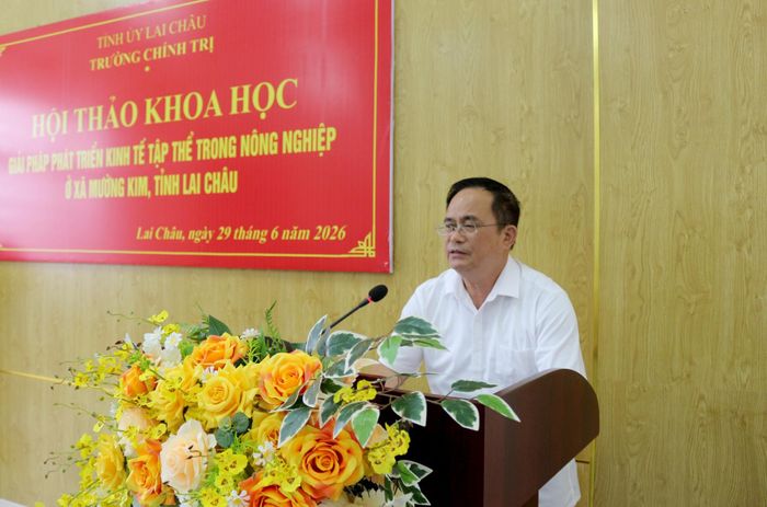 Đồng chí Nguyễn Quang Hải - Phó Chủ tịch Liên minh Hợp tác xã tỉnh phát biểu tham luận tại hội thảo. 