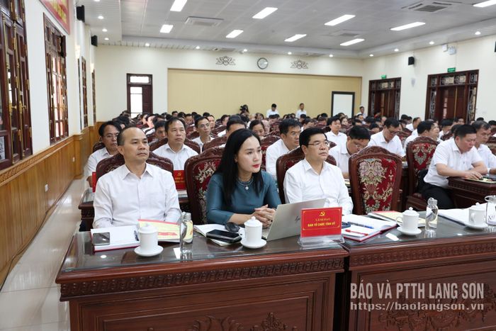 Các đồng chí lãnh đạo Ban Tổ chức Tỉnh ủy và các đại biểu dự hội nghị tại điểm cầu tỉnh