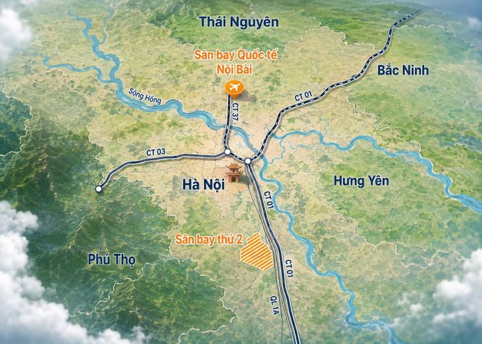 Vị trí sân bay Nội Bài và sân bay thứ 2 Vùng Thủ đô. Đồ họa minh họa