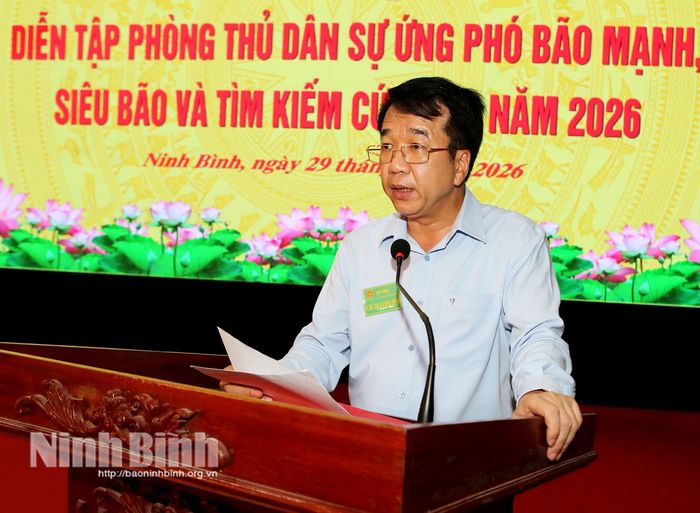 Đồng chí Nguyễn Thanh Bình, Phó Bí thư Tỉnh ủy, Chủ tịch UBND tỉnh, Phó Trưởng Ban Chỉ đạo diễn tập PTDS tỉnh, Trưởng Ban Tổ chức diễn tập PTDS tỉnh phát biểu bế mạc diễn tập Phòng thủ dân sự tỉnh năm 2026.