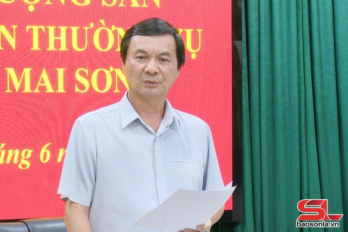 Đồng chí Ngô Minh Tuấn, Vụ trưởng, Trưởng ban Xây dựng Đảng, Tạp chí Cộng sản phát biểu tại cuộc làm việc với Ban Thường vụ Đảng ủy xã Mai Sơn.