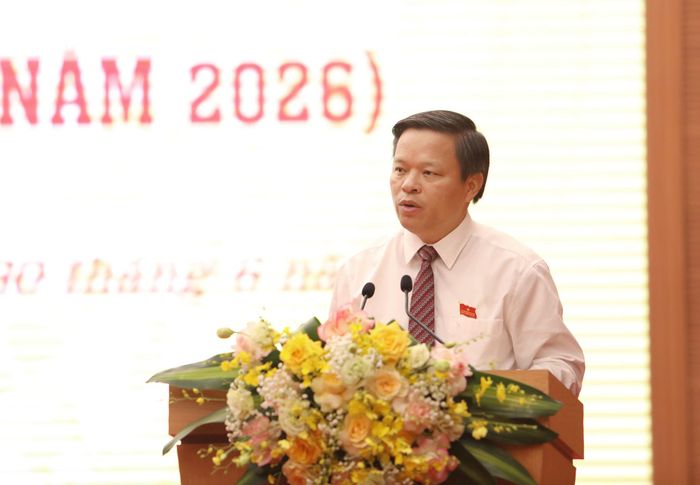 Phó Chủ tịch UBND tỉnh Phan Trọng Tấn trình bày báo cáo tình hình phát triển kinh tế - xã hội 6 tháng đầu năm; phương hướng, nhiệm vụ trọng tâm 6 tháng cuối năm. Ảnh: Đức Anh