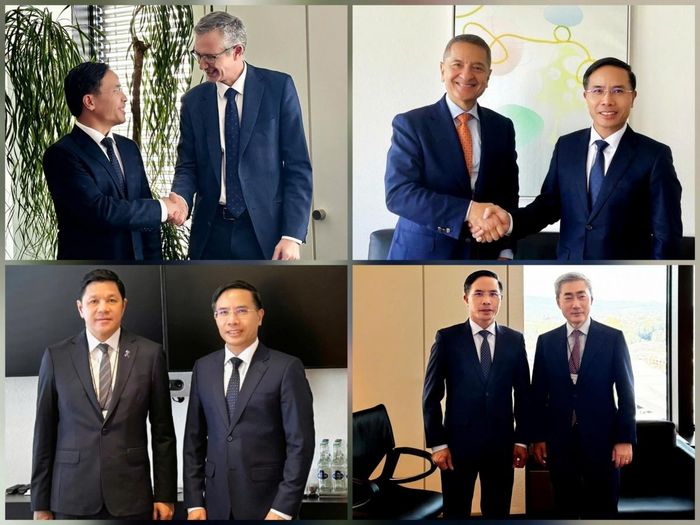 Thống đốc Phạm Đức Ấn tại các cuộc gặp song phương với ông Pablo Hernández de Cos, Tổng Giám đốc BIS; ông Fabio Panetta, Chủ tịch Hội đồng Quản trị BIS; Ông Vitai Ratanakorn, Thống đốc NHTW Thái Lan; Ông Hyun Song Shin, Thống đốc NHTW Hàn Quốc bên lề Hội nghị Thường niên BIS (Từ trái sang phải, từ trên xuống dưới). Ảnh: NHNN