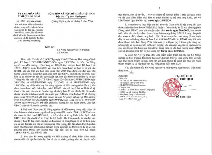 Công văn số 5795/UBND-NNMT (Ngày 19/6/2026): Phê bình, kiểm điểm do chậm tiến độ dự án cơ sở dữ liệu đất đai tại 25 xã, phường.