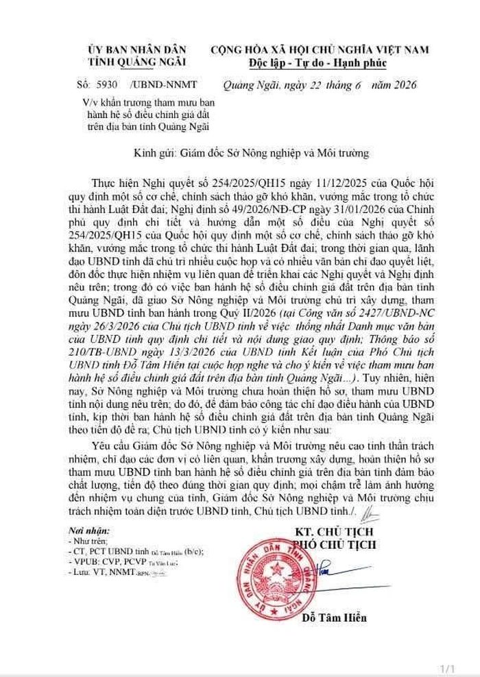 Công văn số 5930/UBND-NNM (Ngày 22/6/2026): Đôn đốc tiến độ điều chỉnh giá đất.