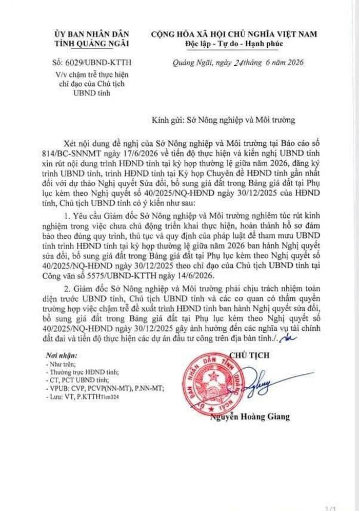 Công văn số 6029/UBND-KTTH (Ngày 24/6/2026): Nghiêm túc rút kinh nghiệm về Bảng giá đất.