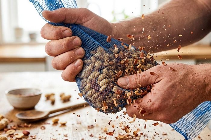 Sử dụng túi lưới giúp bạn dễ dàng loại bỏ vỏ đậu phộng. (Ảnh: WH)