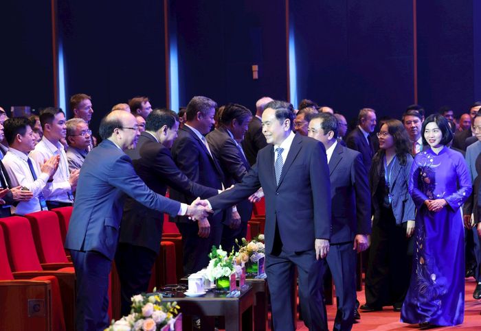 Ủy viên Bộ Chính trị, Chủ tịch Quốc hội Trần Thanh Mẫn tại hội trường diễn ra hội nghị. Ảnh: Thành - Thái - Hùng.