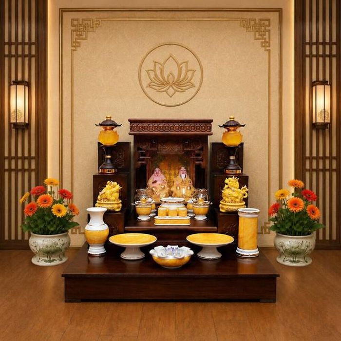 Đây là kiểu bàn thờ ông Địa có kích thước tương đối lớn, tuy nhiên, chỉ tăng thêm chiều cao và giữ nguyên chiều ngang dưới 70cm, tiết kiệm không gian.