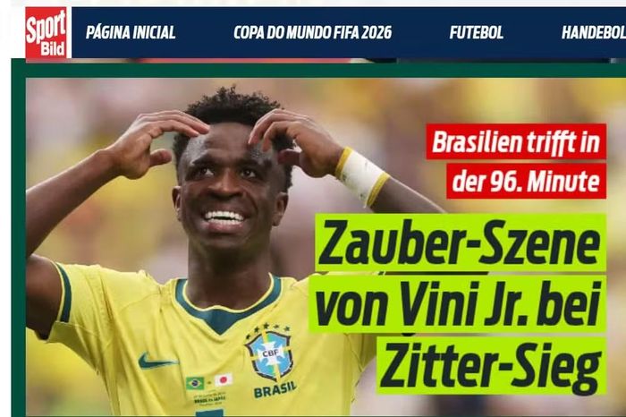  Báo Bild của Đức ca ngợi màn trình diễn thần kỳ của Vini Jr. và việc Brazil giành vé vào vòng tiếp theo ở phút bù giờ. 