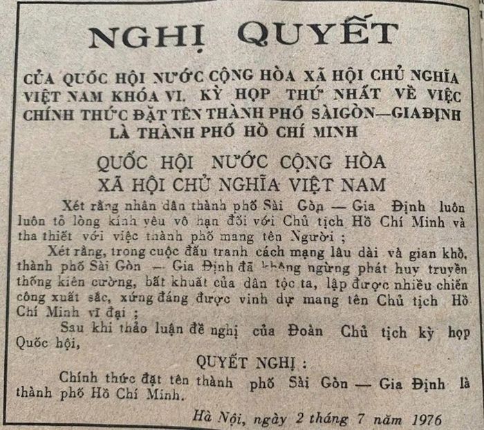 Nghị quyết về việc chính thức đặt tên Thành phố Sài Gòn - Gia Định là Thành phố Hồ Chí Minh, đăng trên báo Sài Gòn Giải phóng số 368 (Ảnh tư liệu)