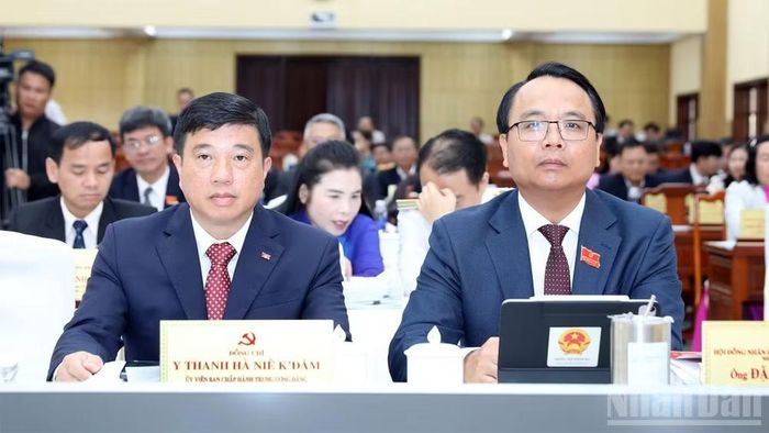 Đồng chí Y Thanh Hà Niê Kđăm, Ủy viên Trung ương Đảng, Bí thư Tỉnh ủy, Trưởng Đoàn đại biểu Quốc hội tỉnh Lâm Đồng và đồng chí Đặng Hồng Sỹ, Phó Bí thư Thường trực Tỉnh ủy dự kỳ họp.