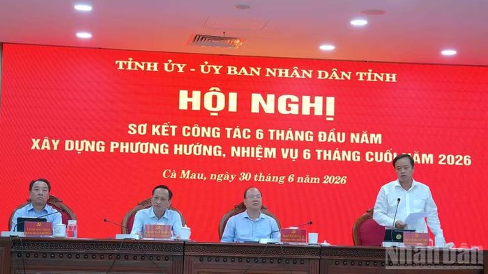 Phó Bí thư Thường trực Tỉnh ủy Cà Mau Huỳnh Quốc Việt (bìa phải) tham gia ý kiến tại hội nghị.