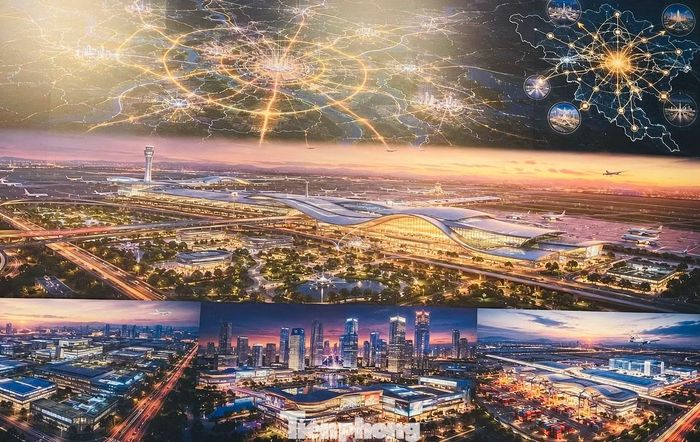 Phối cảnh đô thị sân bay tương lai cho thấy khu thương mại tự do, trung tâm logistics lạnh và tổ hợp công nghiệp sản xuất rộng 250 ha kết nối trực tiếp với đường sắt tốc độ cao.