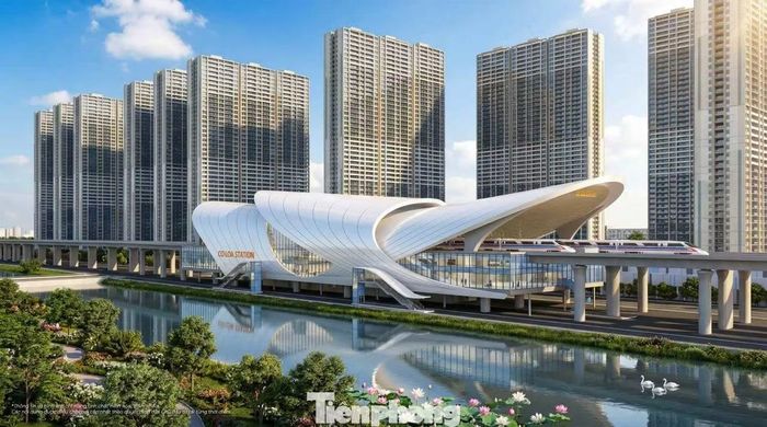 Phối cảnh ga Cổ Loa trên tuyến đường sắt tốc độ cao Hà Nội - Quảng Ninh với kiến trúc hiện đại, bao quanh là các khu đô thị.