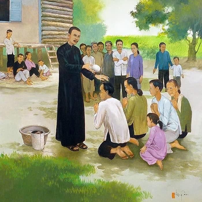 Cha Phanxicô Xaviê Trương Bửu Diệp rửa tội cho bà con dự tòng. Ảnh: Giáo phận Cần Thơ