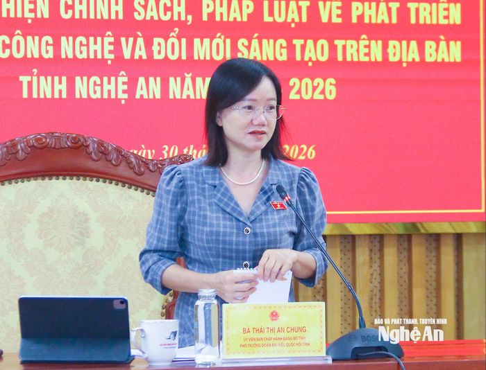 Đồng chí Thái Thị An Chung - Ủy viên Ban Chấp hành Đảng bộ tỉnh, Phó Trưởng đoàn chuyên trách Đoàn Đại biểu Quốc hội tỉnh kết luận tại cuộc làm việc. Ảnh: Mai Hoa