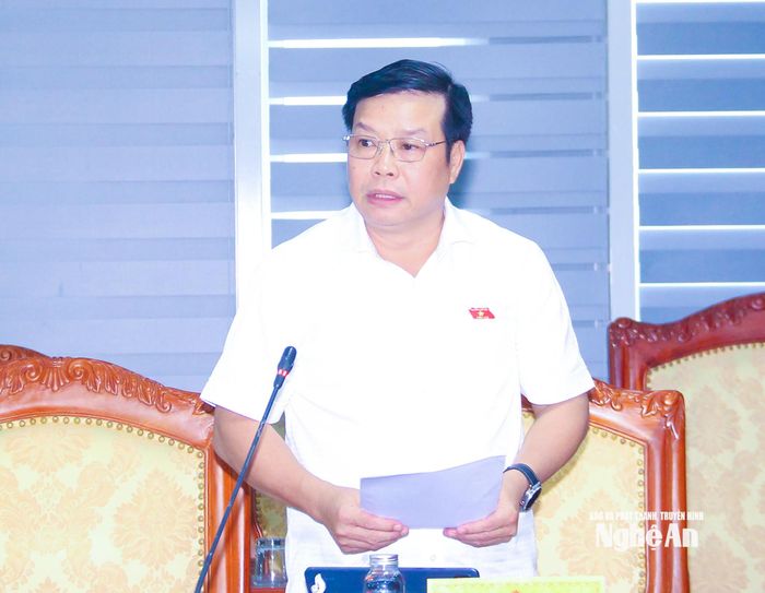 Thiếu tướng Ngô Nam Cường - Phó Tư lệnh Quân khu IV, đại biểu Quốc hội nêu vấn đề liên kết "3 nhà" nâng cao chất lượng nguồn nhân lực, đáp ứng yêu cầu phát triển khoa học công nghệ và đổi mới sáng tạo trong Khu kinh tế. Ảnh: Mai Hoa