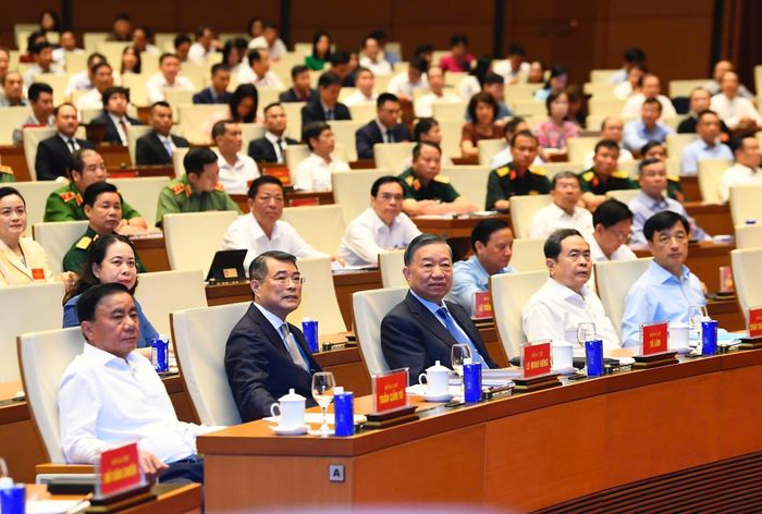 Tổng Bí thư, Chủ tịch nước Tô Lâm; Thủ tướng Chính phủ Lê Minh Hưng; Chủ tịch Quốc hội Trần Thanh Mẫn; Thường trực Ban Bí thư Trần Cẩm Tú và các đại biểu dự hội nghị - Ảnh: VGP/Nhật Bắc