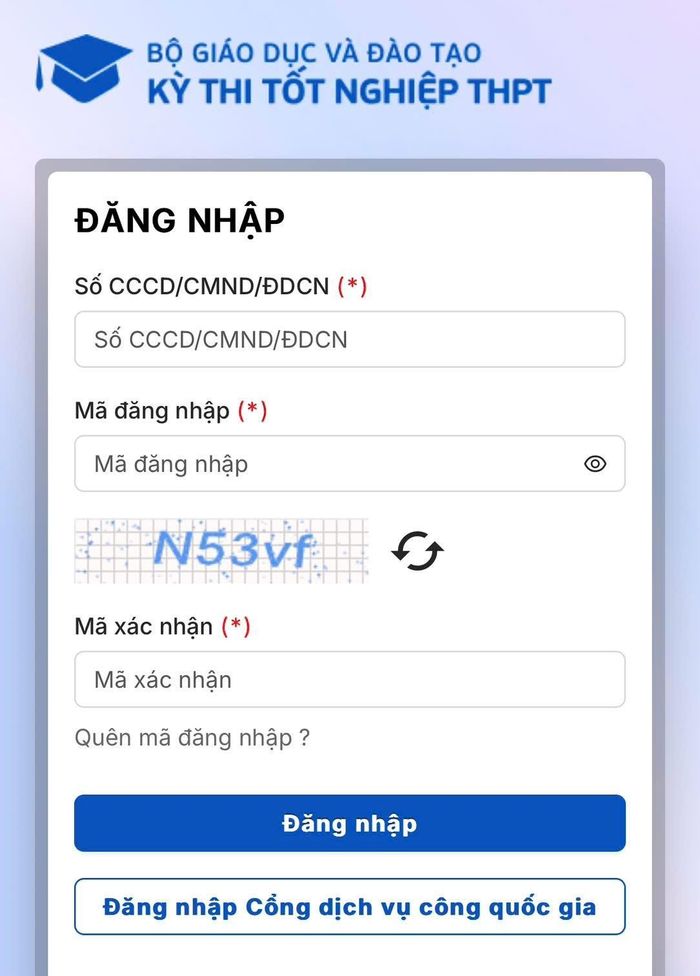 Giao diện link tra cứu điểm thi tốt nghiệp THPT 2026 của Bộ Giáo dục và Đào tạo.