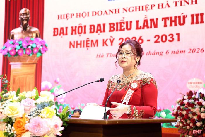 Bà Lê Thị Như Thủy - Chủ tịch Hiệp hội Nữ doanh nhân Hà Tĩnh tham luận tại đại hội.