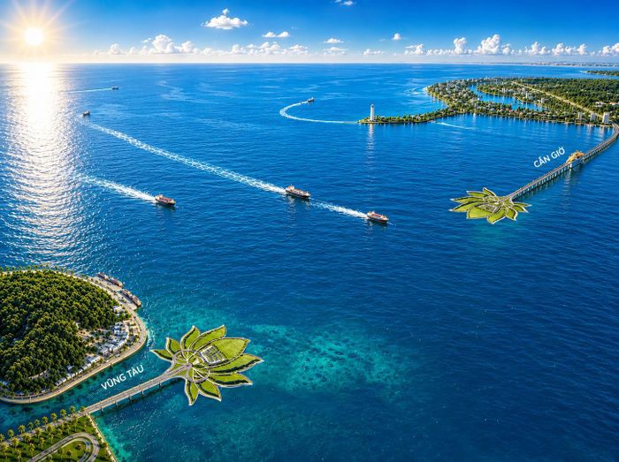 Theo Tập đoàn Vingroup (nhà đầu tư), tuyến đường vượt biển có điểm đầu tại đường Biển Đông 2, khu đô thị lấn biển Cần Giờ (xã Cần Giờ), điểm cuối tại giao cắt giữa đường quy hoạch Mai Sao - Bến Đình và đường 30/4, phường Tam Thắng. Ảnh: Sở Xây dựng TP Hồ Chí Minh