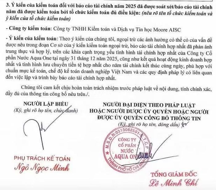 Báo cáo kiểm toán 2025 do Công ty TNHH Kiểm toán và Dịch vụ Tin học Moore AISC thực hiện đã có nêu ý kiến ngoại trừ, song không được Aqua One công bố trong tài liệu gửi lên HNX. Nguồn: HNX.