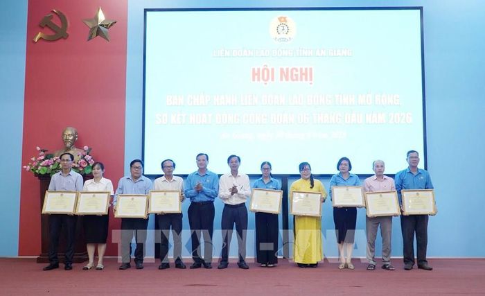 Lãnh đạo LĐLĐ tỉnh An Giang trao Bằng khen của Tổng LĐLĐ Việt Nam cho các tập thể, cá nhân Ảnh: Văn Sĩ - TTXVN