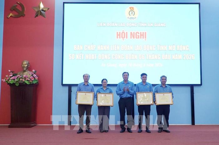 Lãnh đạo LĐLĐ tỉnh An Giang trao Bằng khen của Tổng LĐLĐ Việt Nam cho các tập thể, cá nhân Ảnh: Văn Sĩ - TTXVN