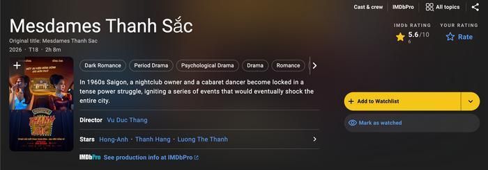 Theo ghi nhận trên IMDb, phim Lương Thế Thành chỉ nhận được 5,6/10 điểm (Ảnh: Chụp màn hình).