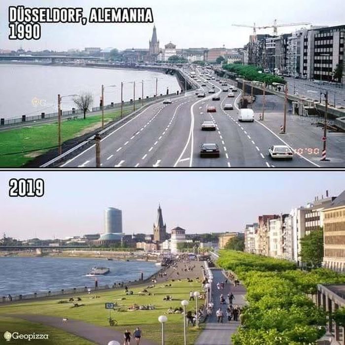 Bờ sông Rhine của thành phố Dusseldorf, trước và sau khi cải tạo để kết nối sinh hoạt của đô thị với thiên nhiên. Ảnh: TL