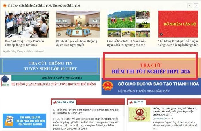 Mục tra cứu điểm thi tốt nghiệp THPT trên website của Sở Giáo dục và Đào tạo Thanh Hóa.