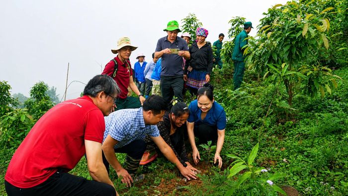 Lãnh đạo Hội Nông dân và lãnh đạo xã trồng cây cùng người dân.