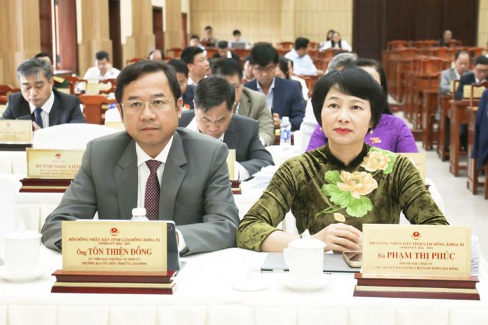Đồng chí Phạm Thị Phúc, Phó Bí thư Tỉnh ủy, Chủ tịch Ủy ban MTTQ Việt Nam tỉnh và đồng chí Tôn Thiện Đồng, Ủy viên Ban Thường vụ Tỉnh ủy, Trưởng Ban Tổ chức Tỉnh ủy dự kỳ họp