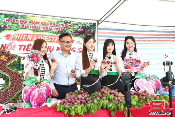 Đồng chí Vi Tuấn Bảo (thứ hai từ trái sang), Bí thư Đảng ủy xã Lóng Phiêng tham gia livestream bán nông sản địa phương.Ảnh: PV