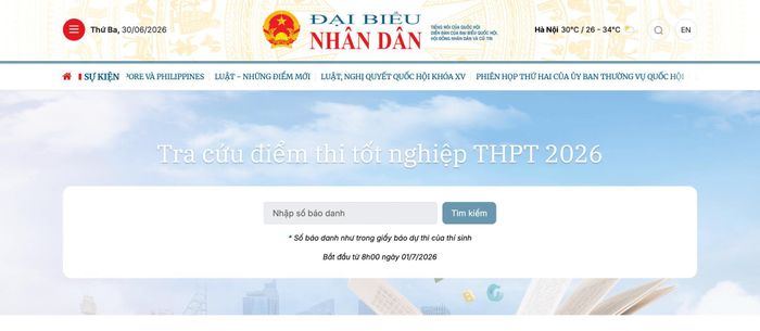 Giao diện tra cứu điểm thi trên báo Đại biểu Nhân dân