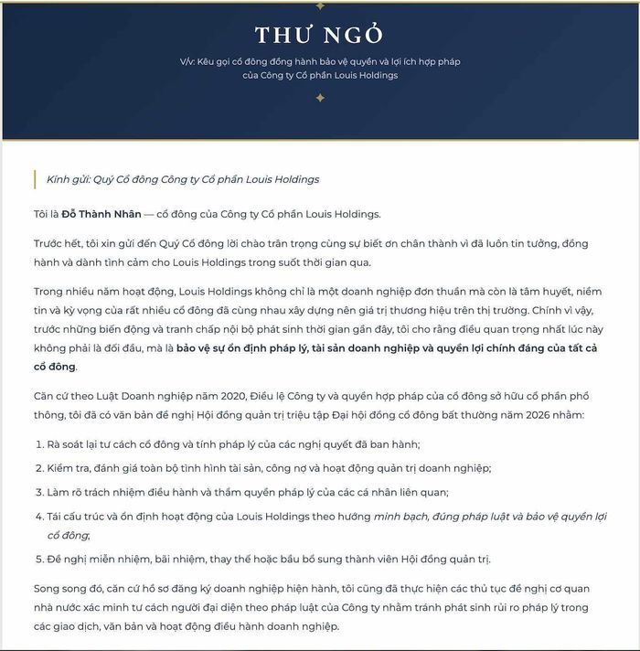 Thư ngỏ của ông Đỗ Thành Nhân tới cổ đông Công ty Louis Holdings.