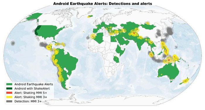 Màu vàng, đỏ mô tả cảnh báo các vùng có động đất. Màu xanh là biểu thị Android Earthquake Alerts gửi tín hiệu tới người dùng smartphone.