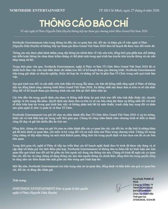 Thông cáo báo chí về việc ngừng tham gia cuộc thi. Ảnh: FBNV