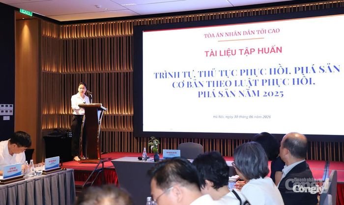 Đại diện Vụ Pháp chế và Quản lý khoa học TANDTC giới thiệu những chính sách lớn và nội dung cơ bản của Luật Phục hồi, phá sản.