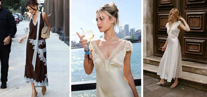 Váy ren năm nay xuất hiện tinh tế ở cổ áo, gấu váy hoặc phần viền của các kiểu váy hai dây satin