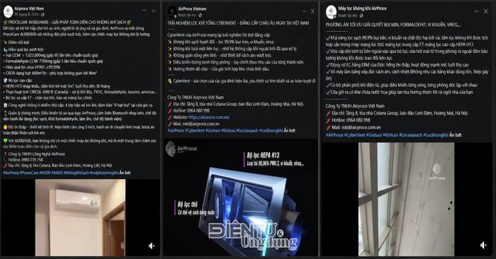 Nhiều trang facebook quảng cáo máy lọc không khí như một thiết bị y tế với hiệu quả diệt khuẩn virus H1N1 lên đến 99,99%...