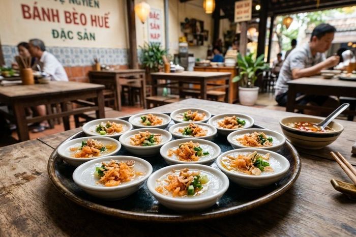 Bánh bèo thường được làm từ bột gạo hấp chín, cùng với nước chấm và phần nhân phong phú, đa dạng tùy thuộc vào văn hóa ẩm thực của từng địa phương. Ảnh: IG