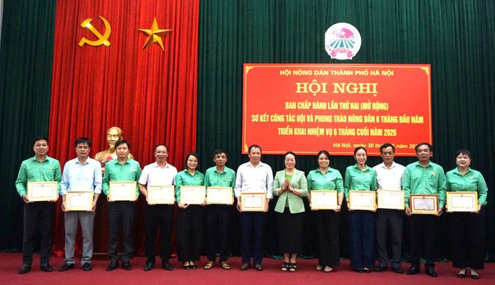 Chủ tịch Hội Nông dân thành phố Hà Nội Phạm Hải Hoa trao thưởng cho các tập thể tiêu biểu. Ảnh: Bình Minh 
