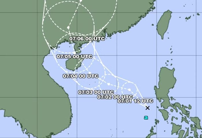 Hình dự báo của JMA lúc sáng nay, 1/7, về đường đi của ATNĐ trên Biển Đông. Ảnh: JMA.